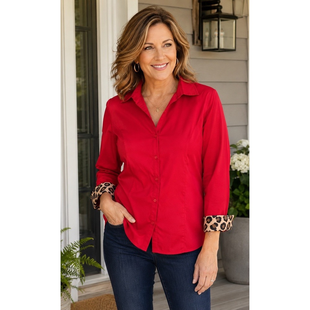 Lane Bryant Classic 3/4 Sleeve Deep Red Blouse Shirt Size 22 Cheetah Accent Cute